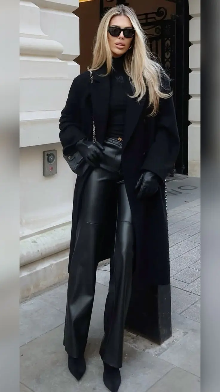 blonde woman on street wearing long black wool ankle-length coat, fitted black turtleneck, wide leg black leather pants, black ankle boots, black leather gloves, dark shield sunglasses, black chain-strap bag, outfit 14