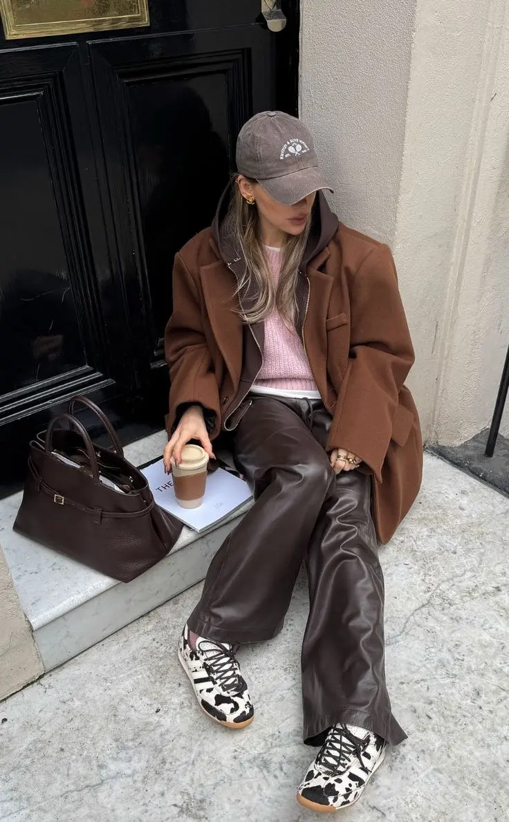 woman sitting on steps wearing oversized caramel brown coat, blush pink ribbed knit sweater, brown hoodie underneath, chocolate wide leg leather pants, cow-print sneakers, brown structured tote bag, grey-brown baseball cap, gold hoop earrings, outfit 15