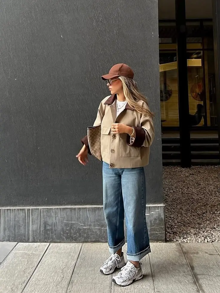woman in khaki cropped trench jacket dark brown collar cuffed wide leg jeans chunky grey dad sneakers brown cap Coach style clutch outdoor street outfit 10