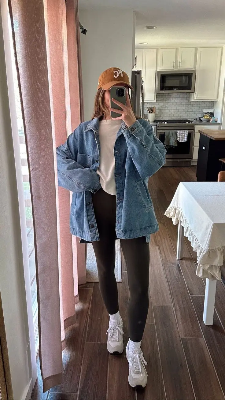 woman mirror selfie in oversized light wash denim jacket white tee dark olive leggings white sneakers ankle socks caramel baseball cap kitchen outfit 14