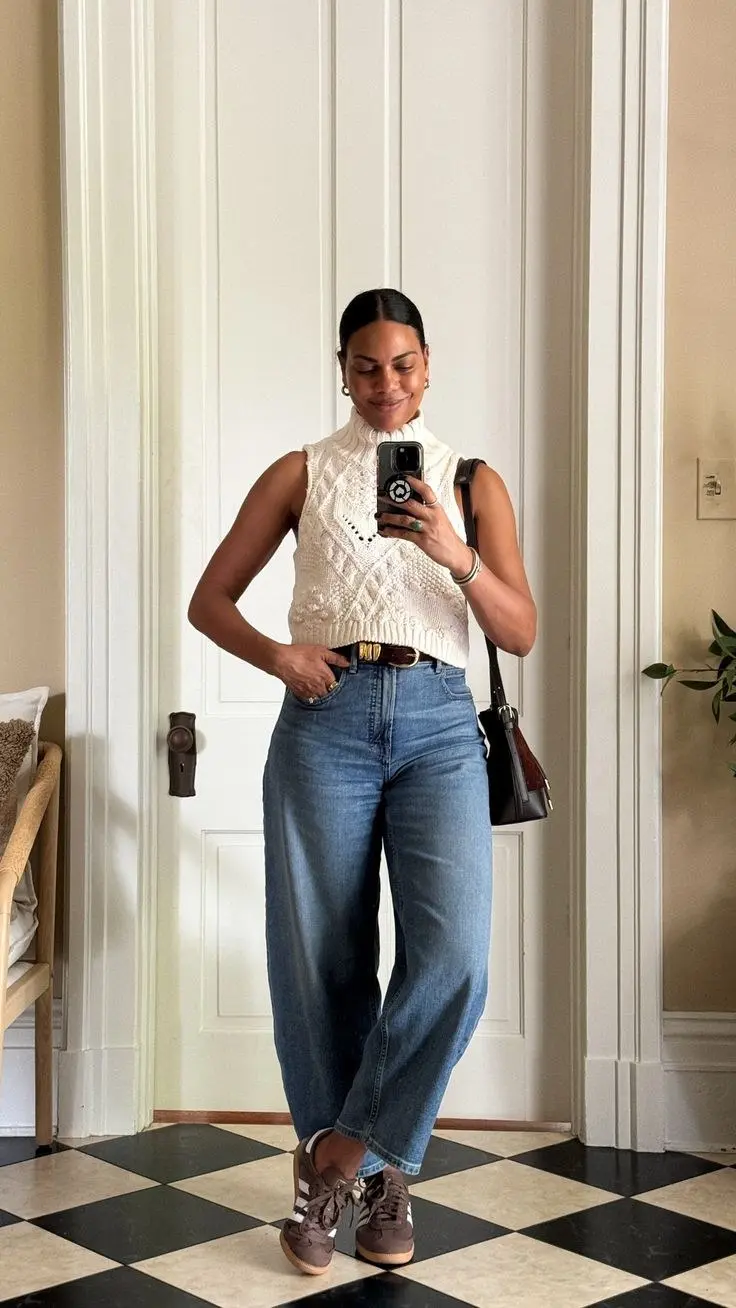 woman mirror selfie in cream cable knit sleeveless vest white tee high waist barrel jeans leather belt dark shoulder bag brown Samba style sneakers outfit 17