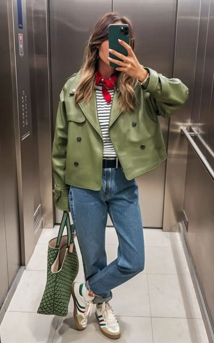 woman elevator mirror selfie in olive green faux leather cropped jacket black white stripe top red neck scarf medium wash barrel jeans white green sneakers green tote outfit 20