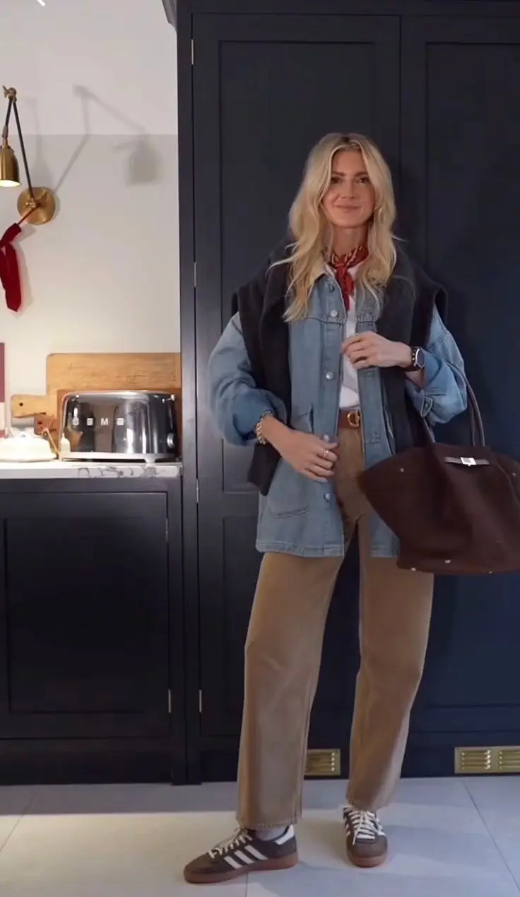 woman in kitchen in black oversized vest over light blue denim jacket red neck scarf white tee wide camel trousers sneakers large brown tote outfit 22