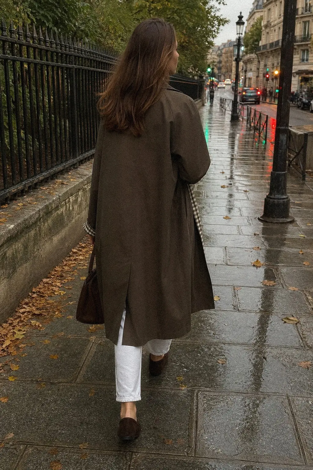 chocolate dark brown trench coat grey v-neck knit white trousers dark suede loafers brown leather tote fall work outfit photo 3