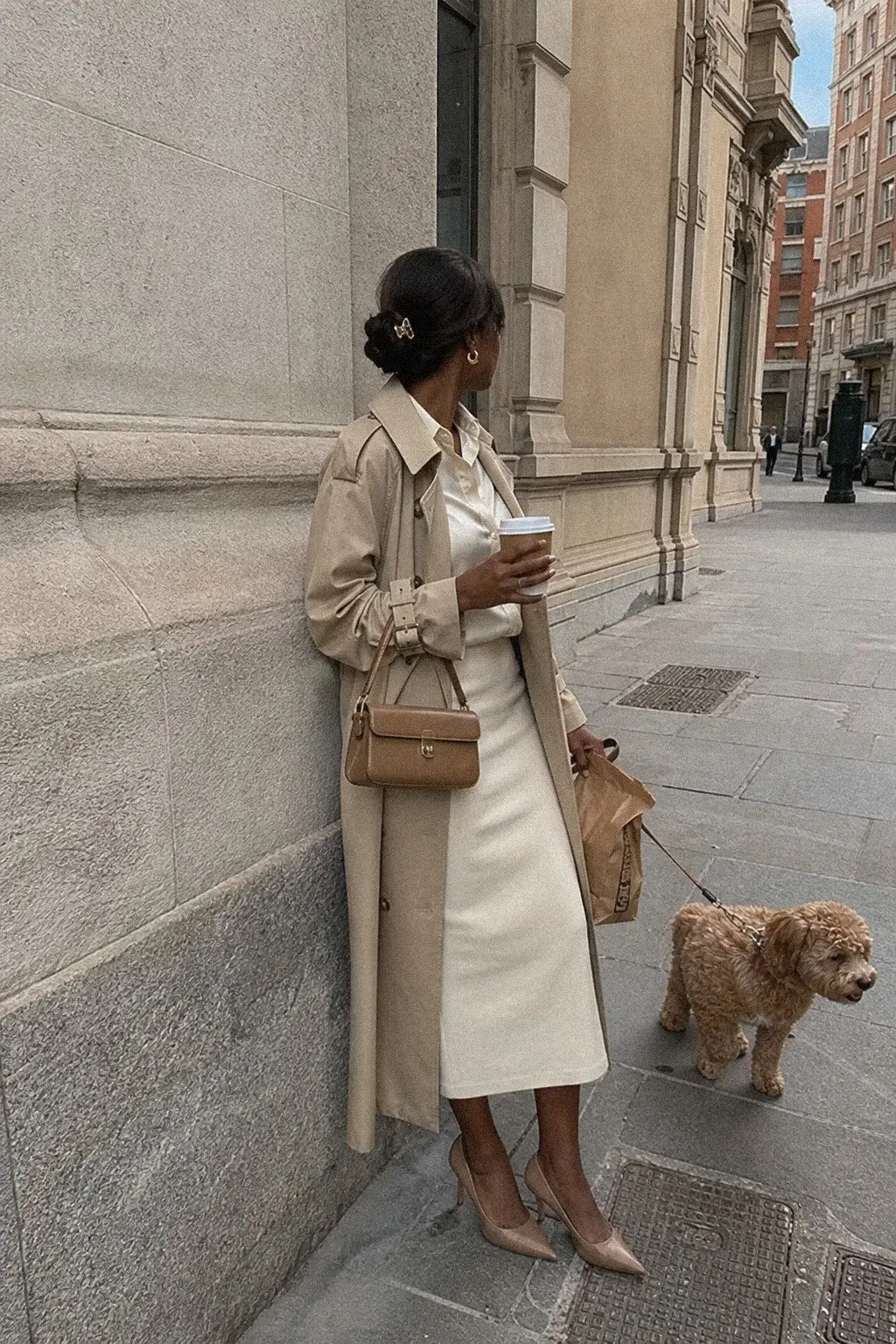 beige trench coat silk ivory blouse tailored midi skirt nude pointed heels fall work outfit photo 4