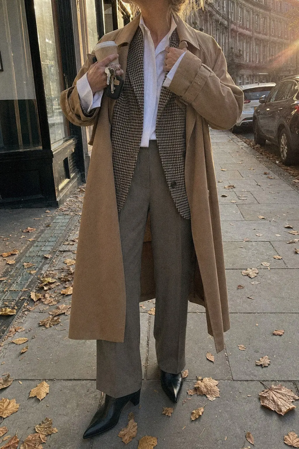 camel trench coat checked blazer straight leg stone trousers ankle boots fall work outfit photo 7