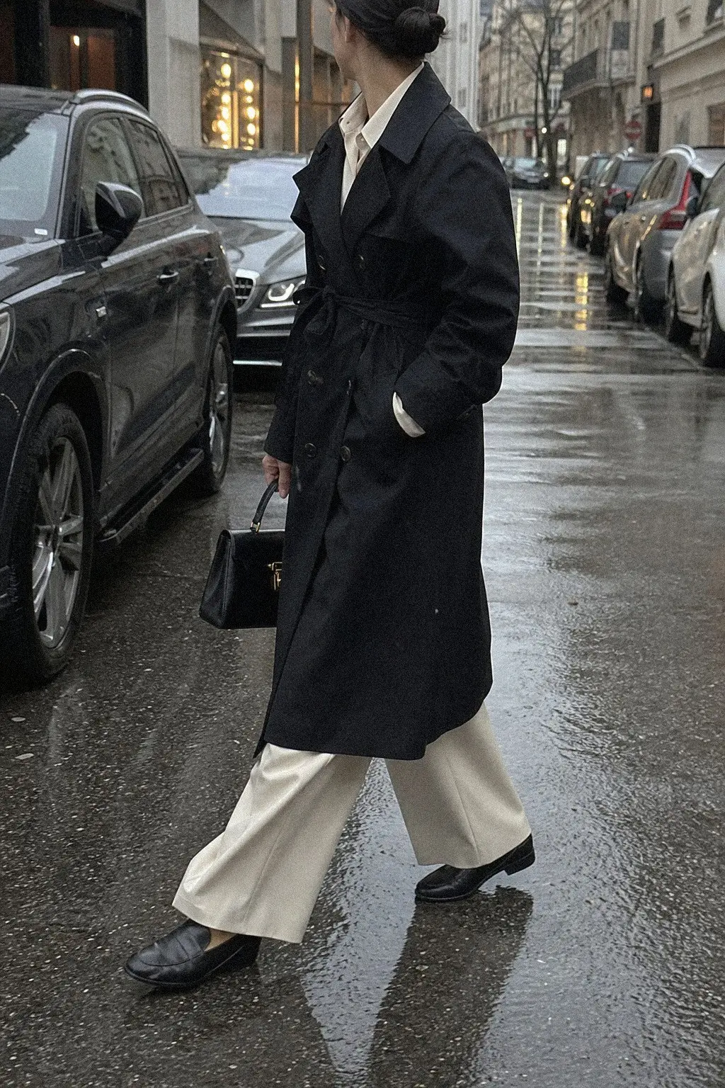 black trench coat cream silk blouse tailored wide-leg ecru pants black loafers fall work outfit photo 9