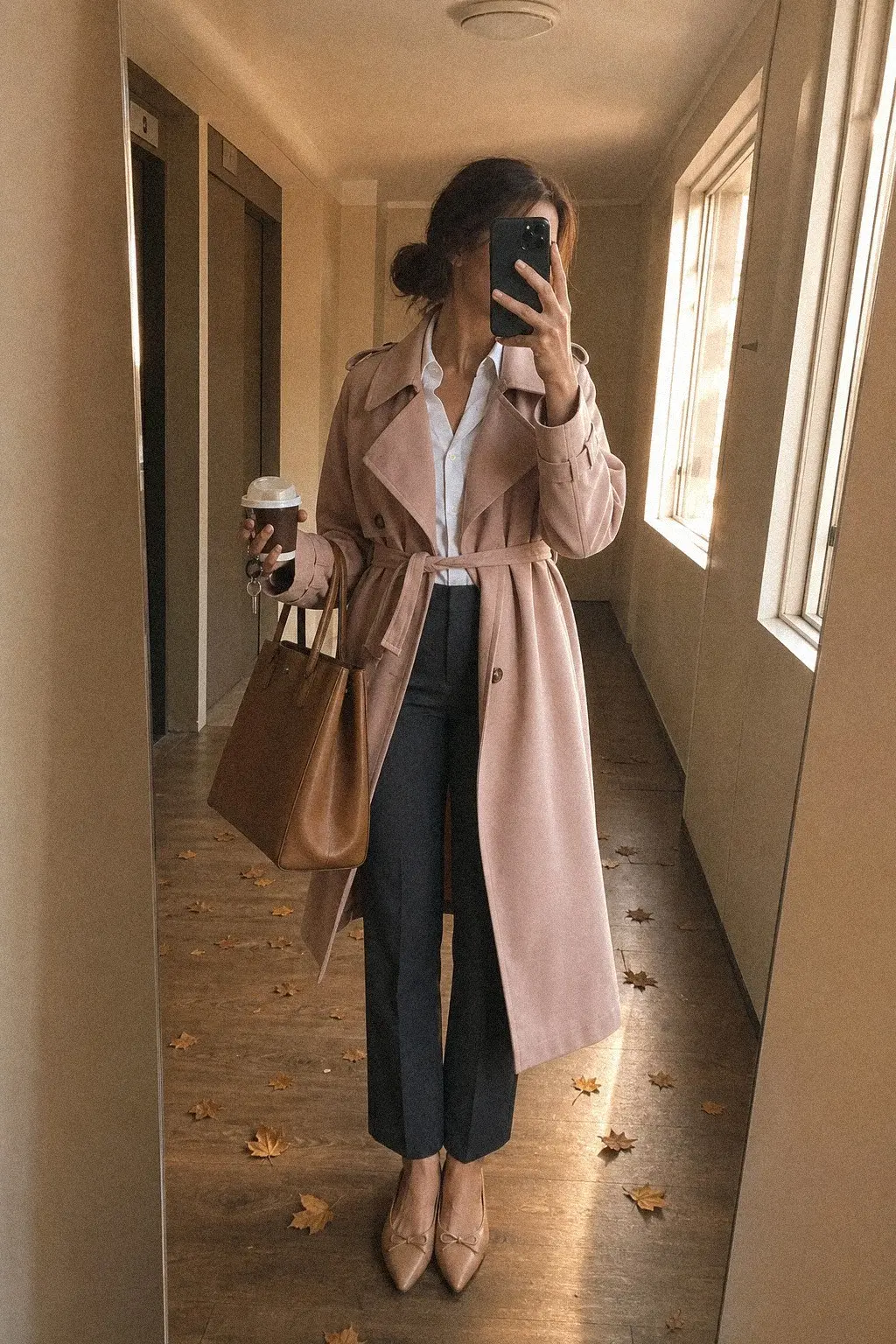 blush pink trench coat white button-down slim charcoal trousers nude pointed flats fall work outfit photo 10