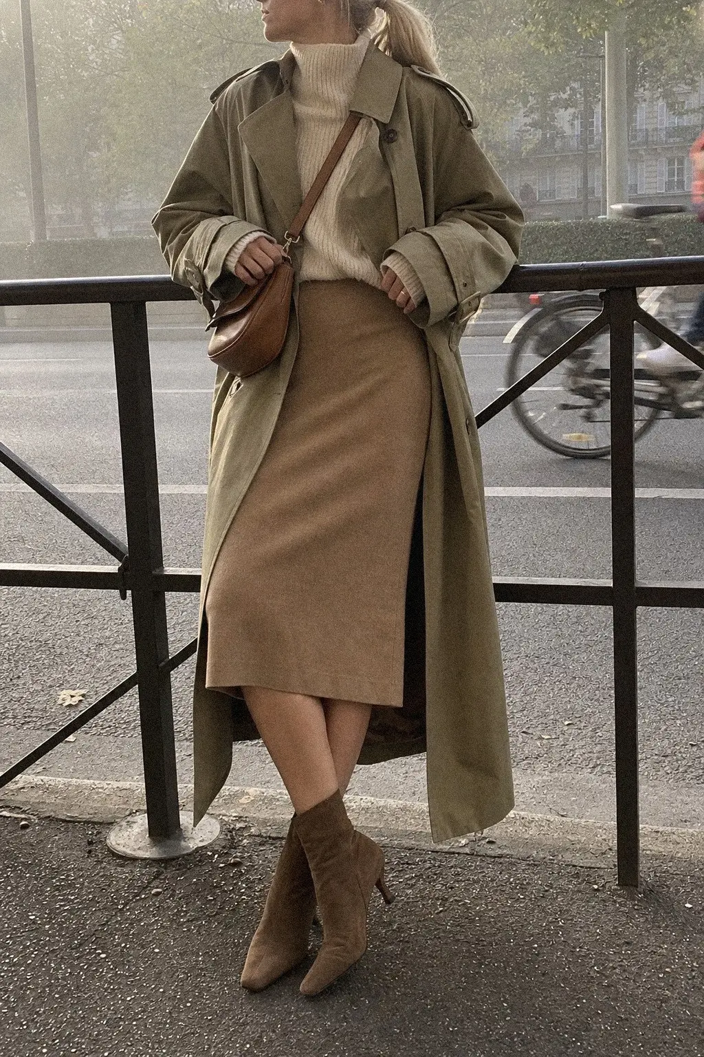 tan trench coat cream turtleneck knit camel straight midi skirt brown suede ankle boots fall work outfit photo 11