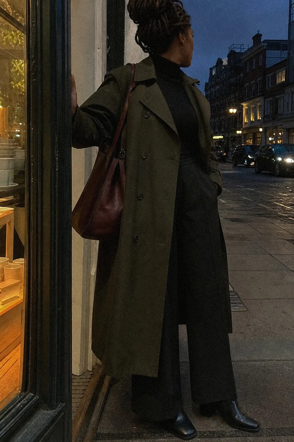 dark forest green trench coat black turtleneck black wide-leg trousers black block-heel boots fall work outfit photo 12