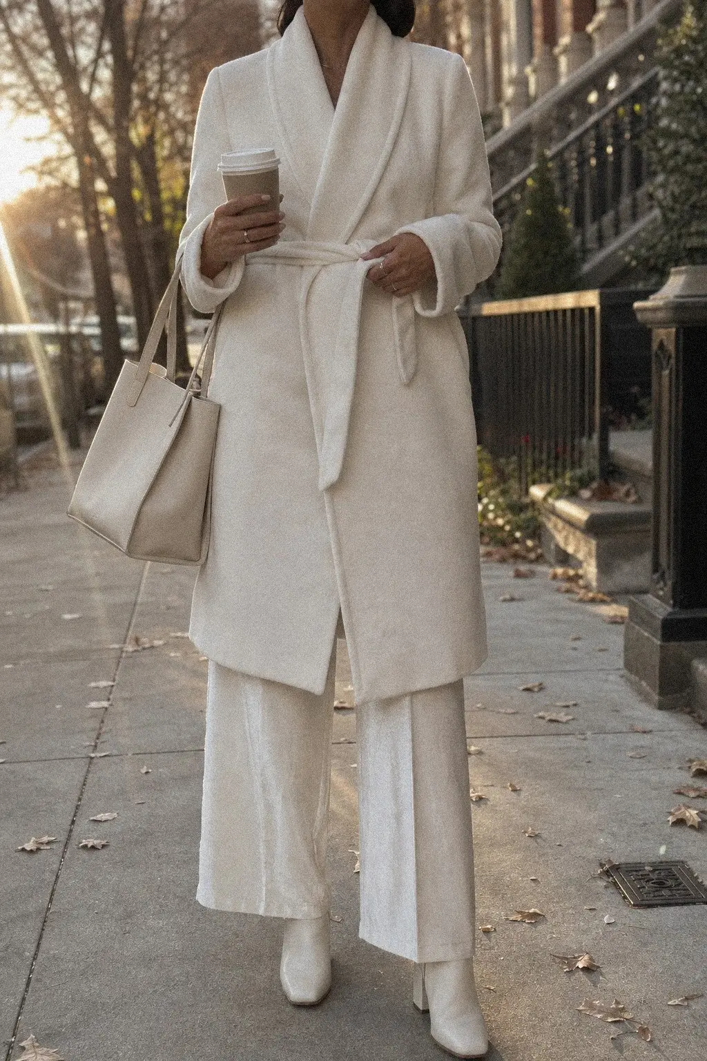 white cashmere wrap coat ivory velvet wide leg trousers cream leather tote white block heel boots white christmas outfit 7