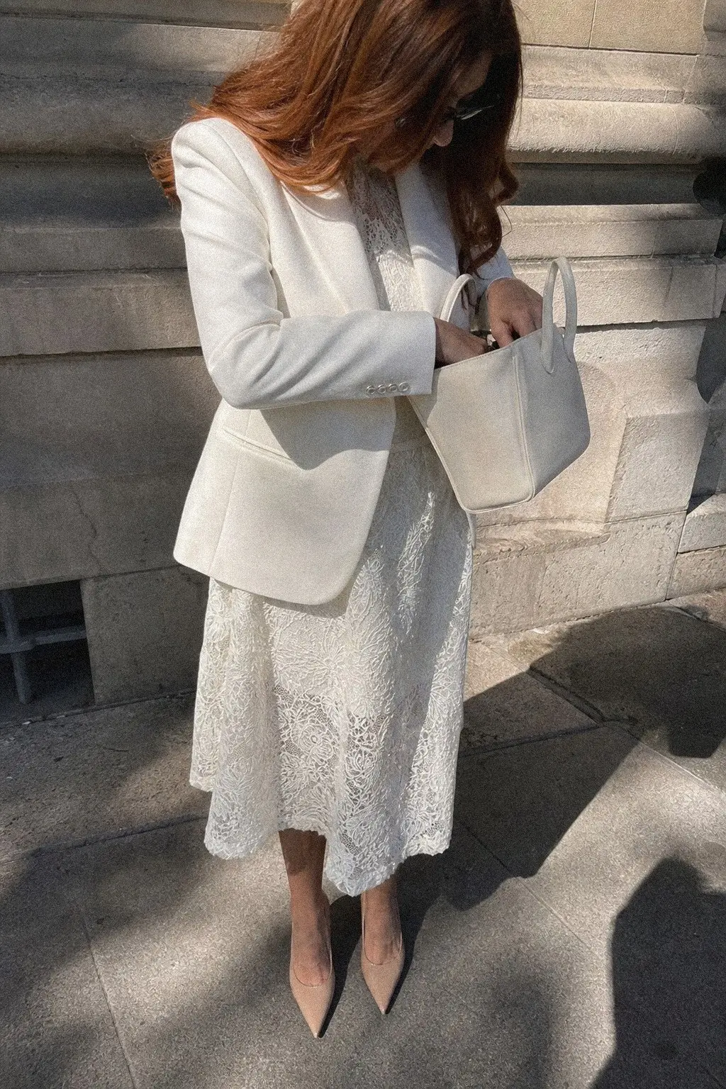 ivory lace midi dress white structured blazer nude heels white christmas outfit 8