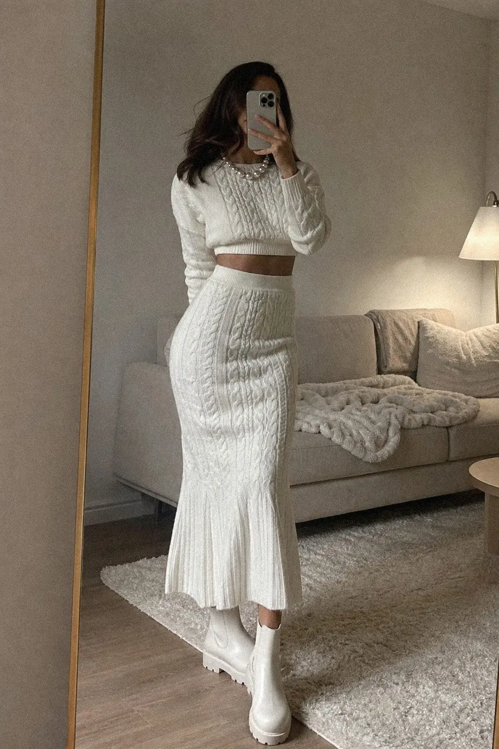 white cable knit cropped pullover matching flared midi skirt pearl necklace white lug sole boots white christmas outfit 13