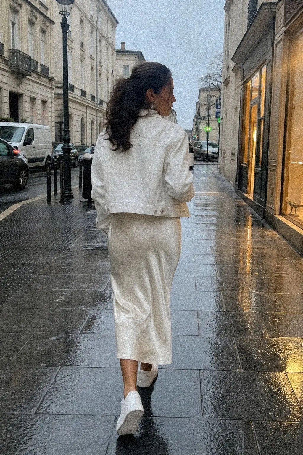 white denim jacket ivory satin midi slip dress white leather sneakers white christmas outfit 15