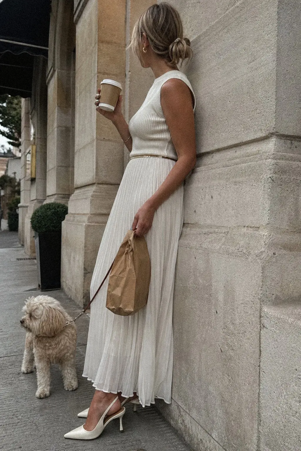 cream pleated chiffon maxi skirt ivory knit vest cream slingback heels gold belt white christmas outfit 16