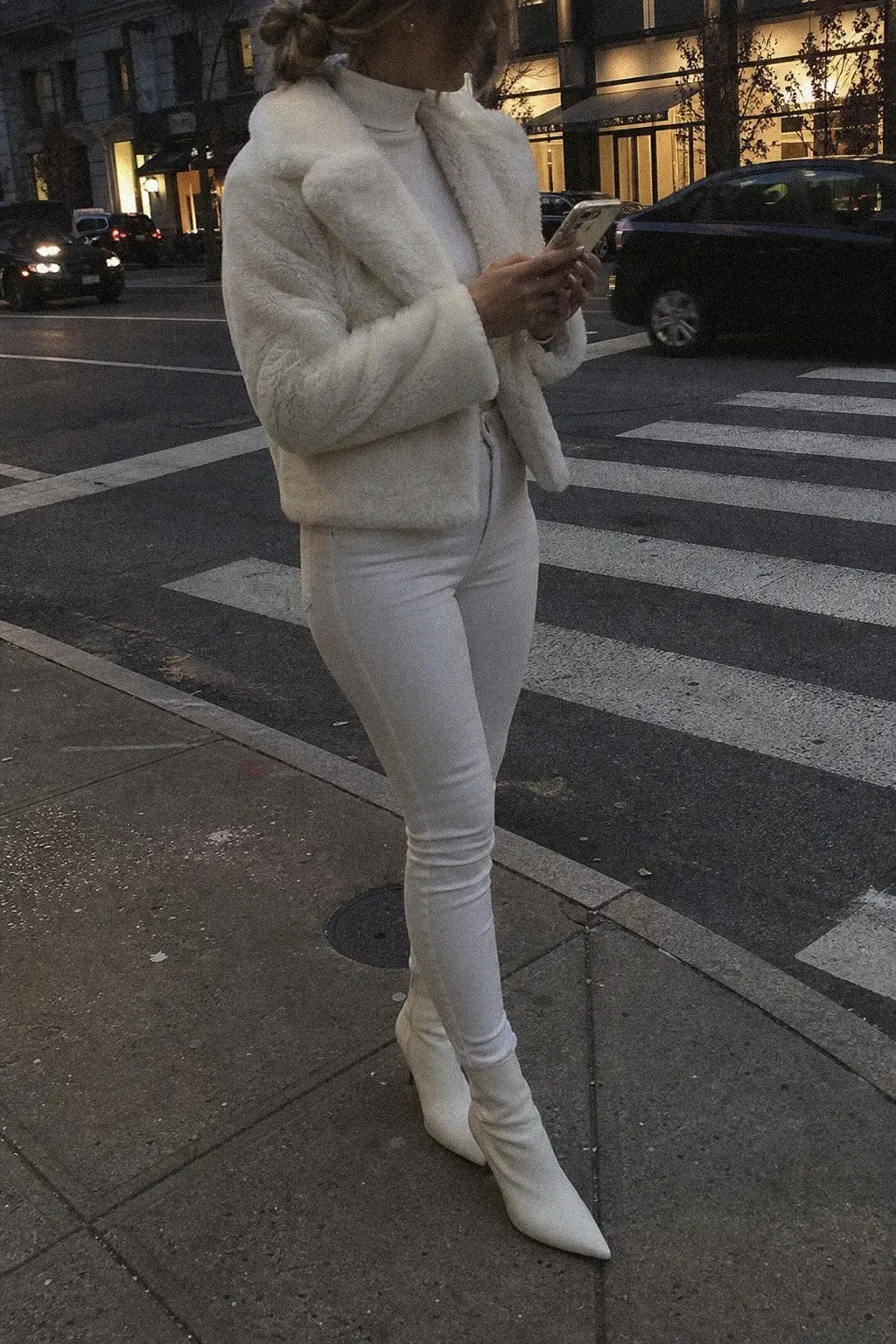 ivory shearling cropped jacket white skinny jeans white fitted turtleneck white sock boots white christmas outfit 18
