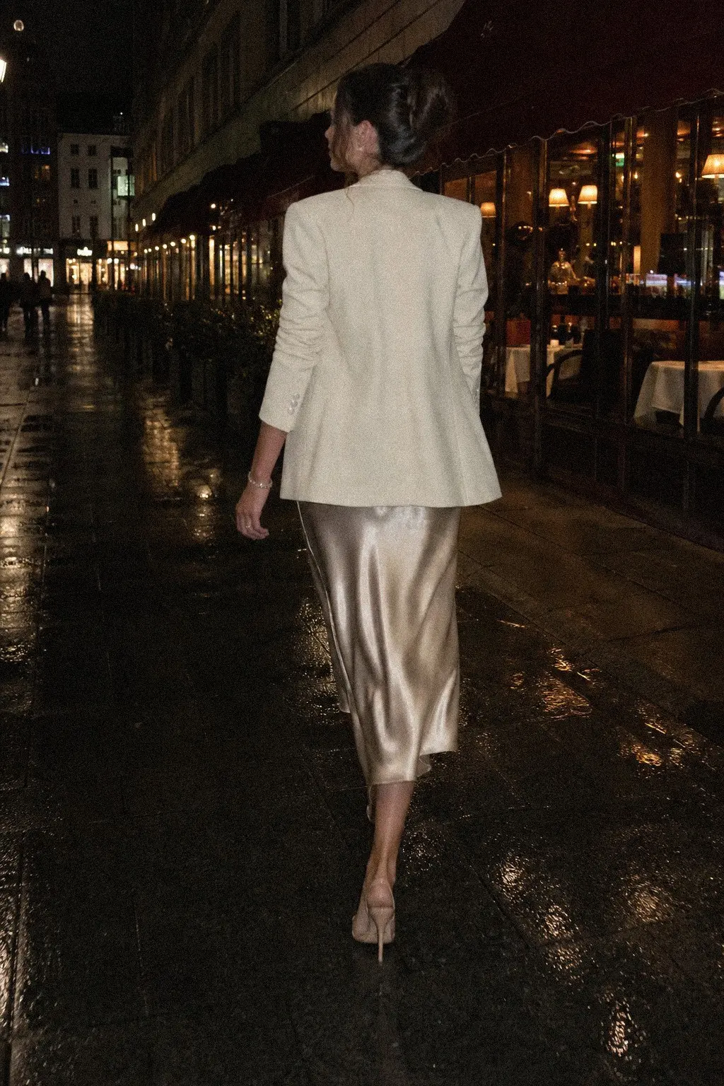 champagne satin slip dress ivory blazer nude heeled sandals diamond bracelet christmas outfit 3