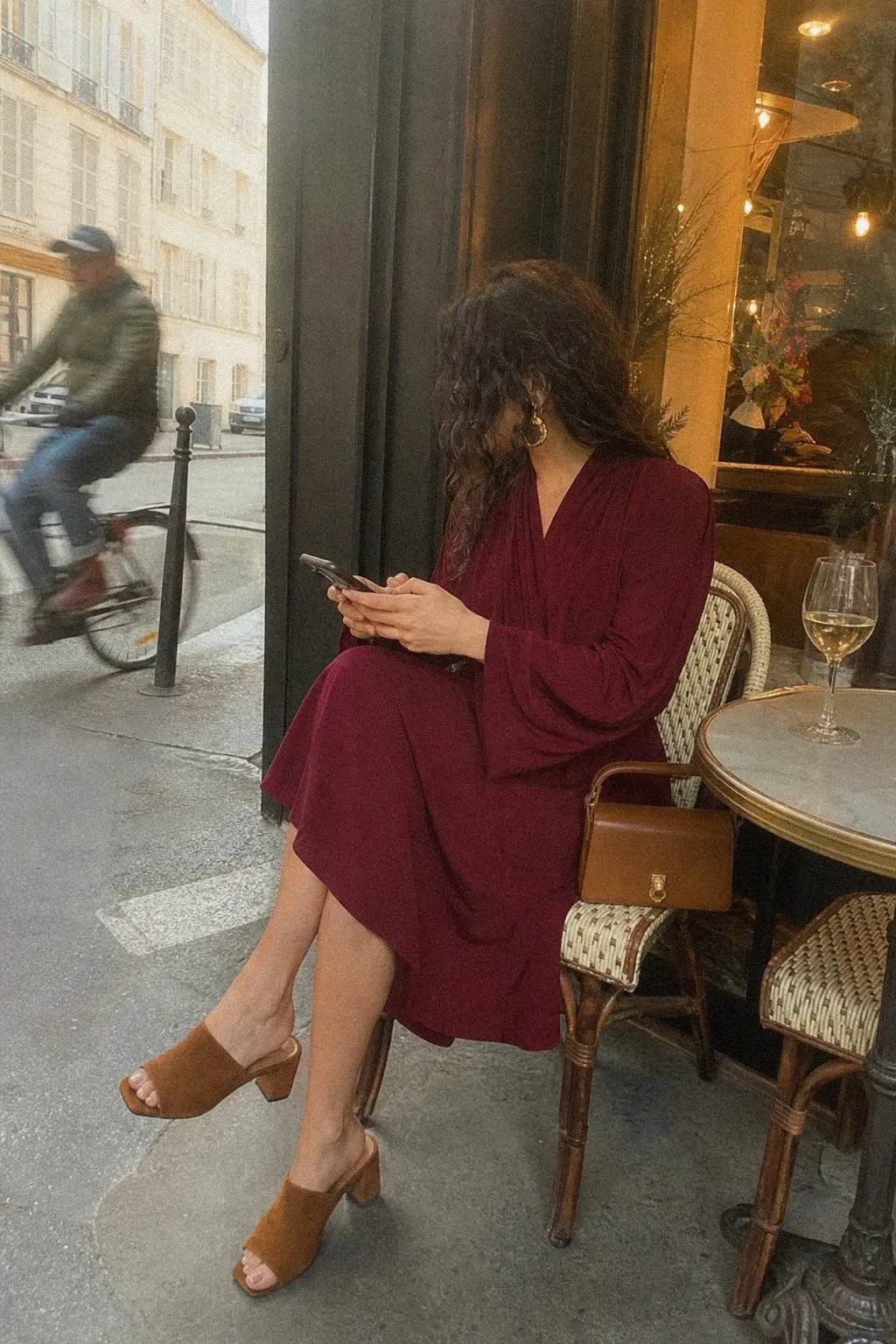 deep burgundy wrap dress cognac block heel mules gold drop earrings christmas outfit 5