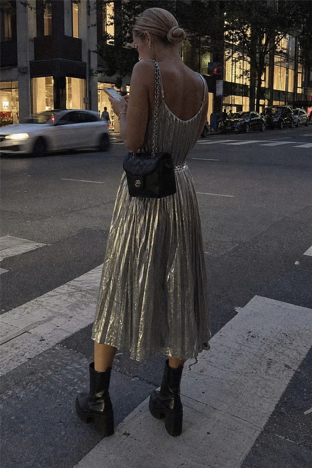 silver metallic pleated midi dress black chunky ankle boots black leather bag christmas outfit 6