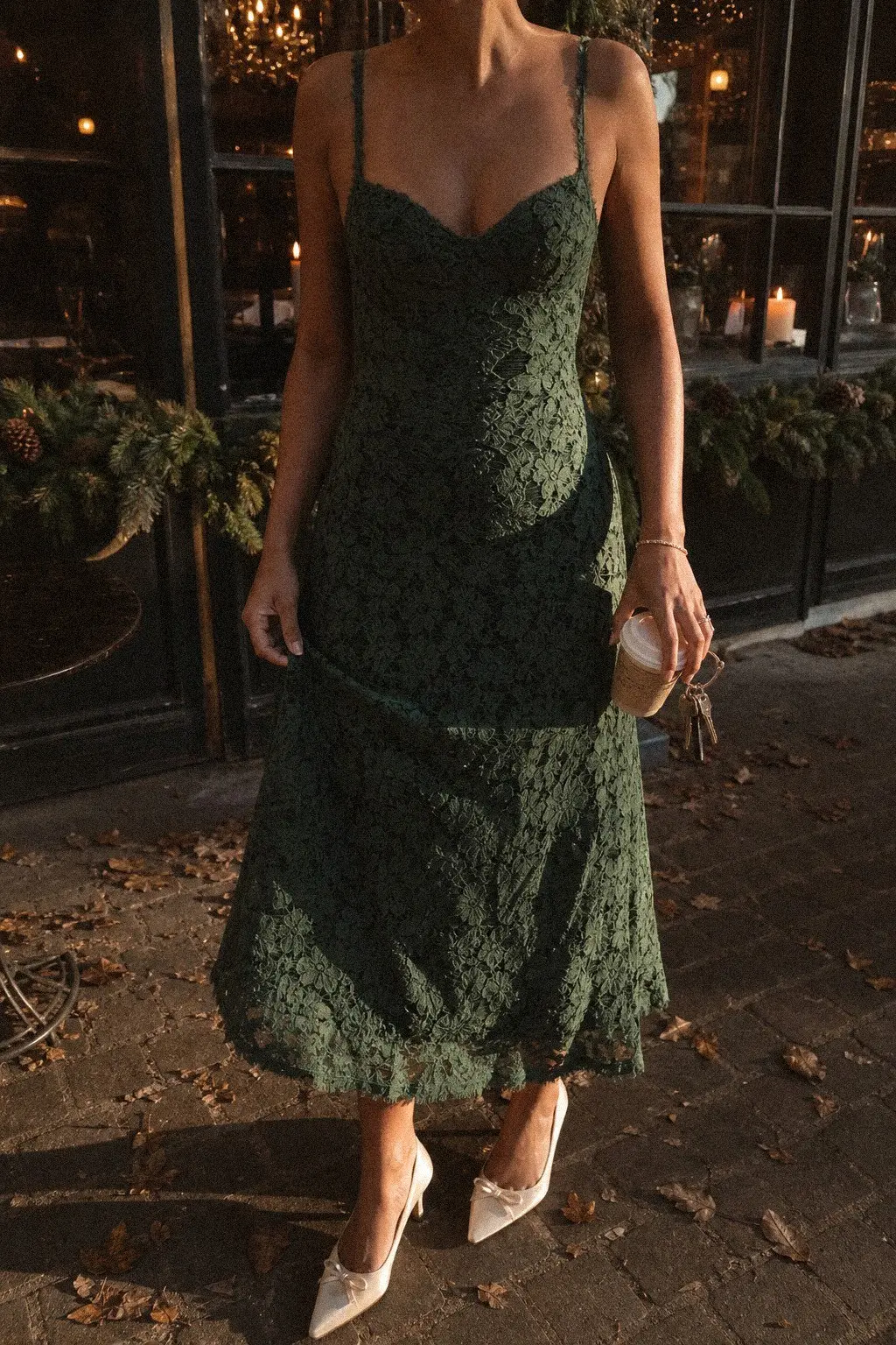 forest green lace midi dress ivory satin kitten heels updo christmas outfit 7