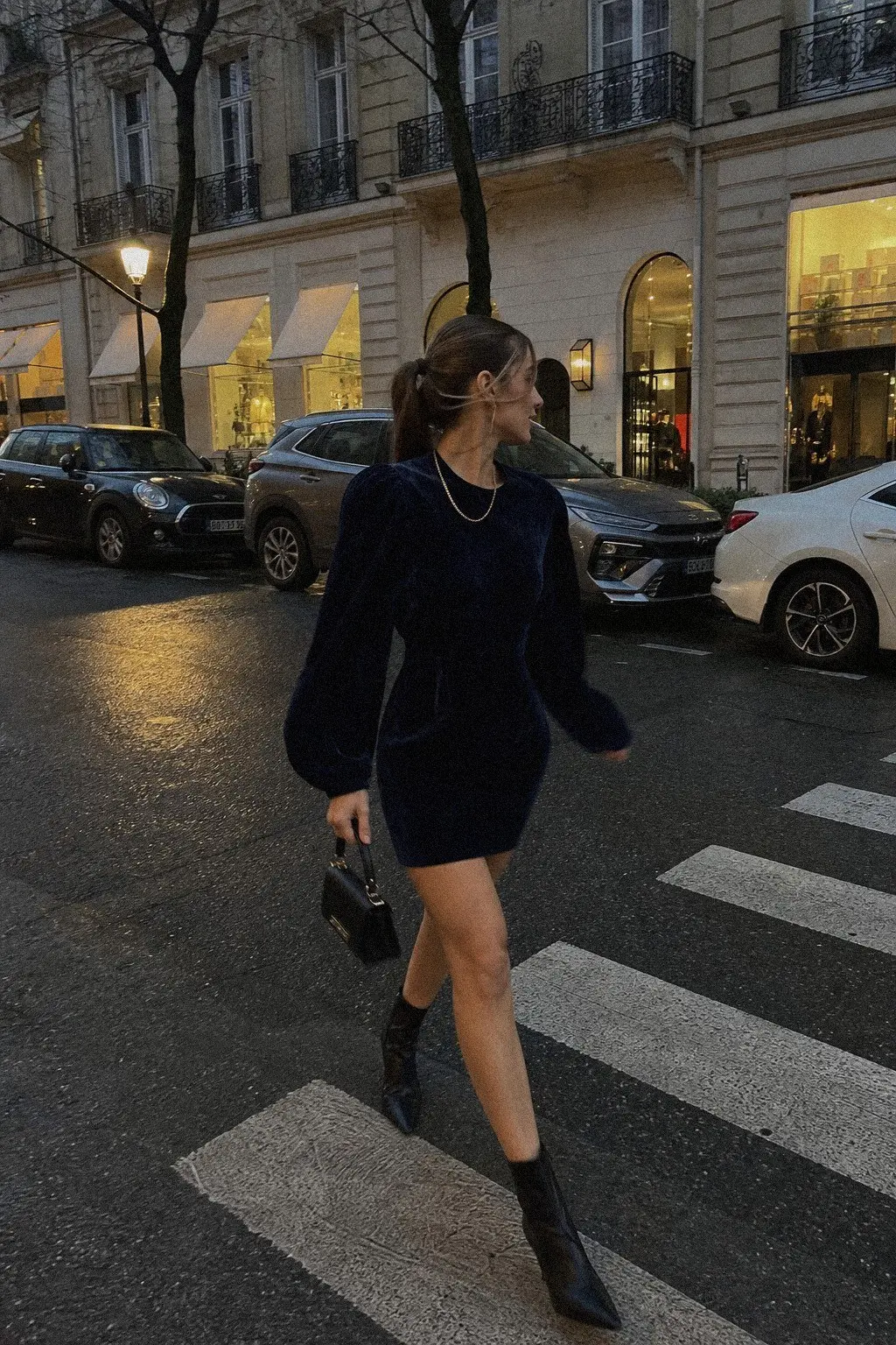 navy velvet puff sleeve mini dress black pointed toe ankle boots gold chain christmas outfit 9