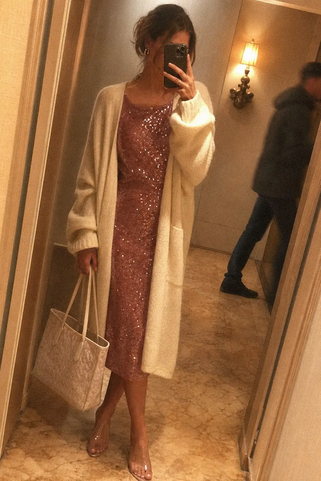dusty rose sequin midi dress cream long cardigan clear heeled sandals christmas outfit 10