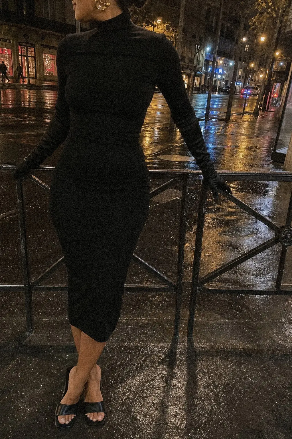 black turtleneck bodycon dress black satin opera gloves sculptural ear cuff black heeled mules christmas outfit 11