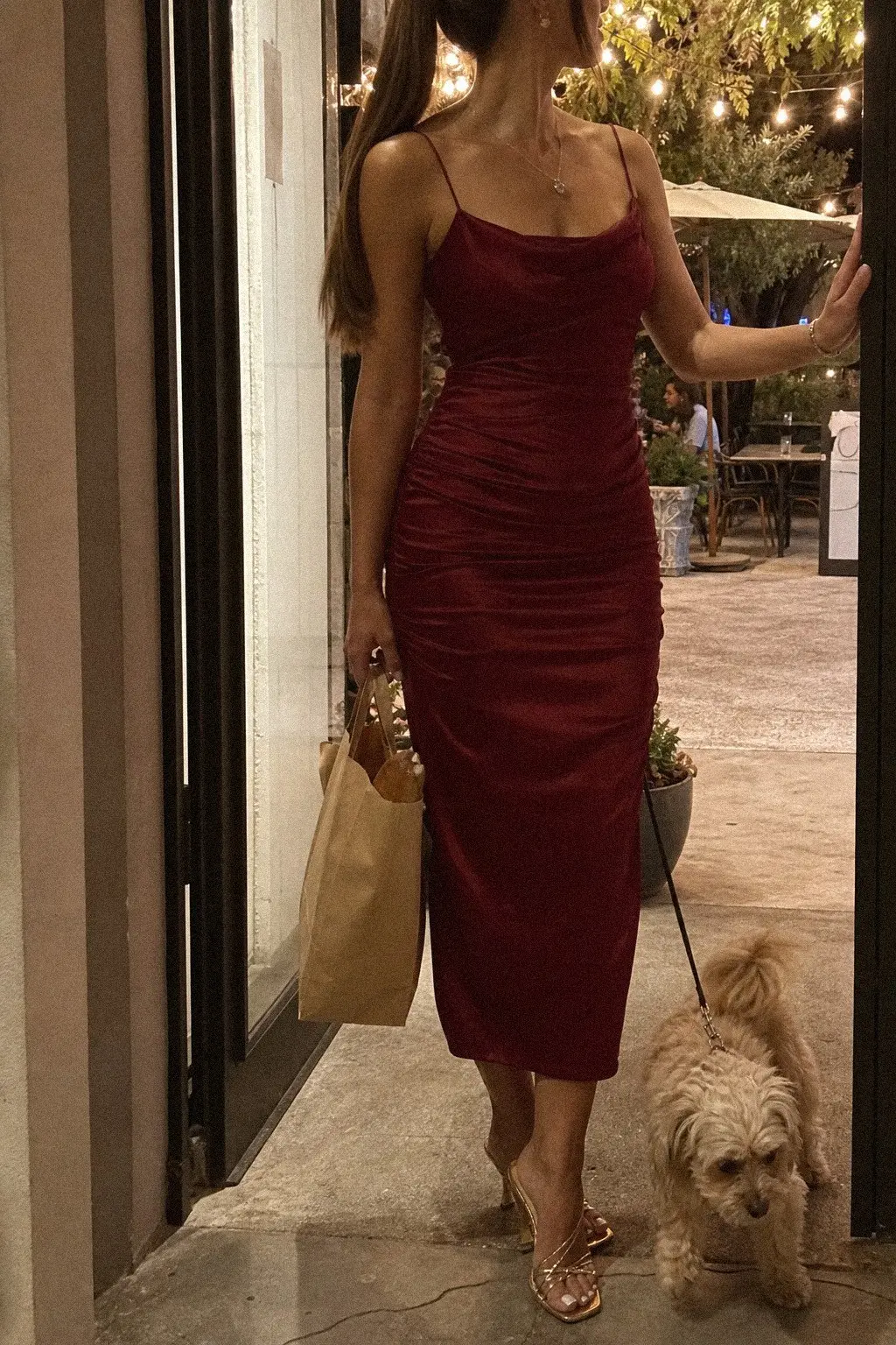 cranberry ruched satin midi dress gold strappy heeled sandals crystal drop necklace christmas outfit 12