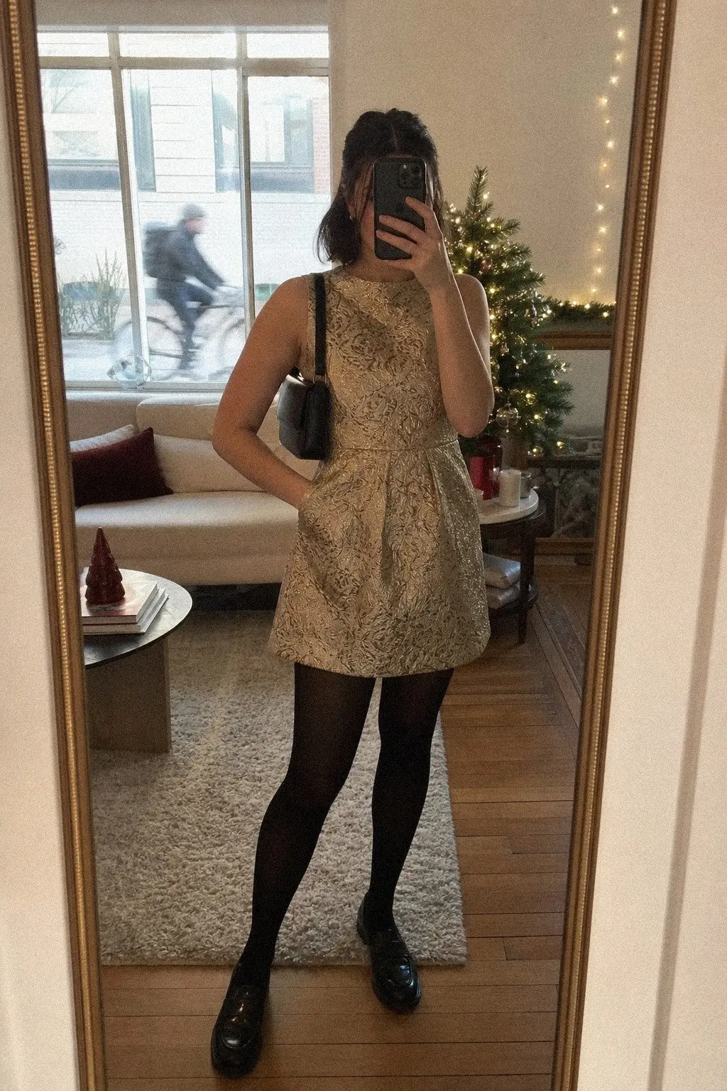 gold brocade a-line mini dress black opaque tights black loafers structured leather bag christmas outfit 13