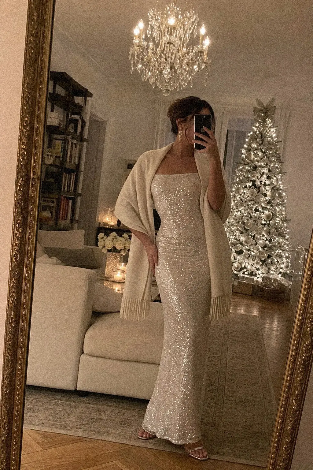 white all over sequin column gown ivory cashmere wrap diamond drop earrings christmas outfit 25