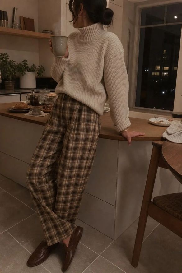 woman in brown cream plaid wide leg trousers cream chunky turtleneck knit brown loafers thanksgiving dinner outfit 11