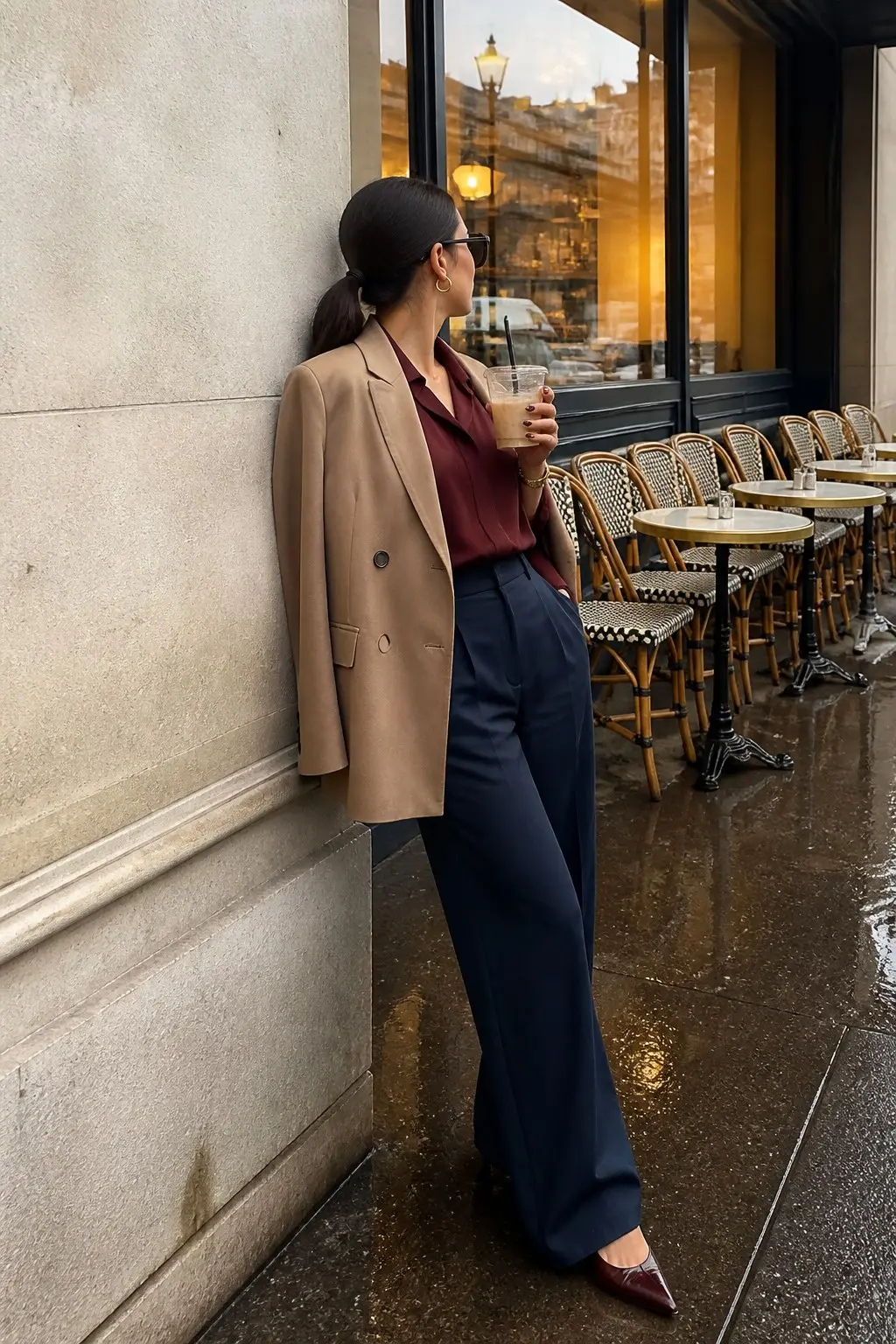 camel double breasted blazer worn on shoulders burgundy open collar blouse navy wide leg trousers burgundy pointed slingback heels gold hoop earrings sunglasses outfit 3