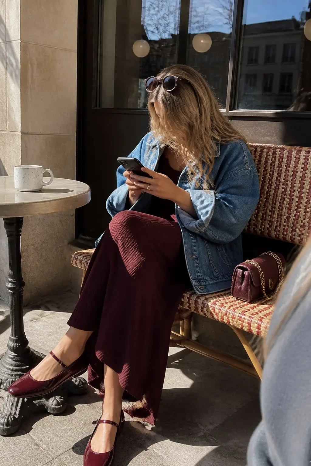medium wash blue denim jacket burgundy ribbed knit midi skirt burgundy patent mary jane flats small burgundy chain shoulder bag round tinted sunglasses outfit 4
