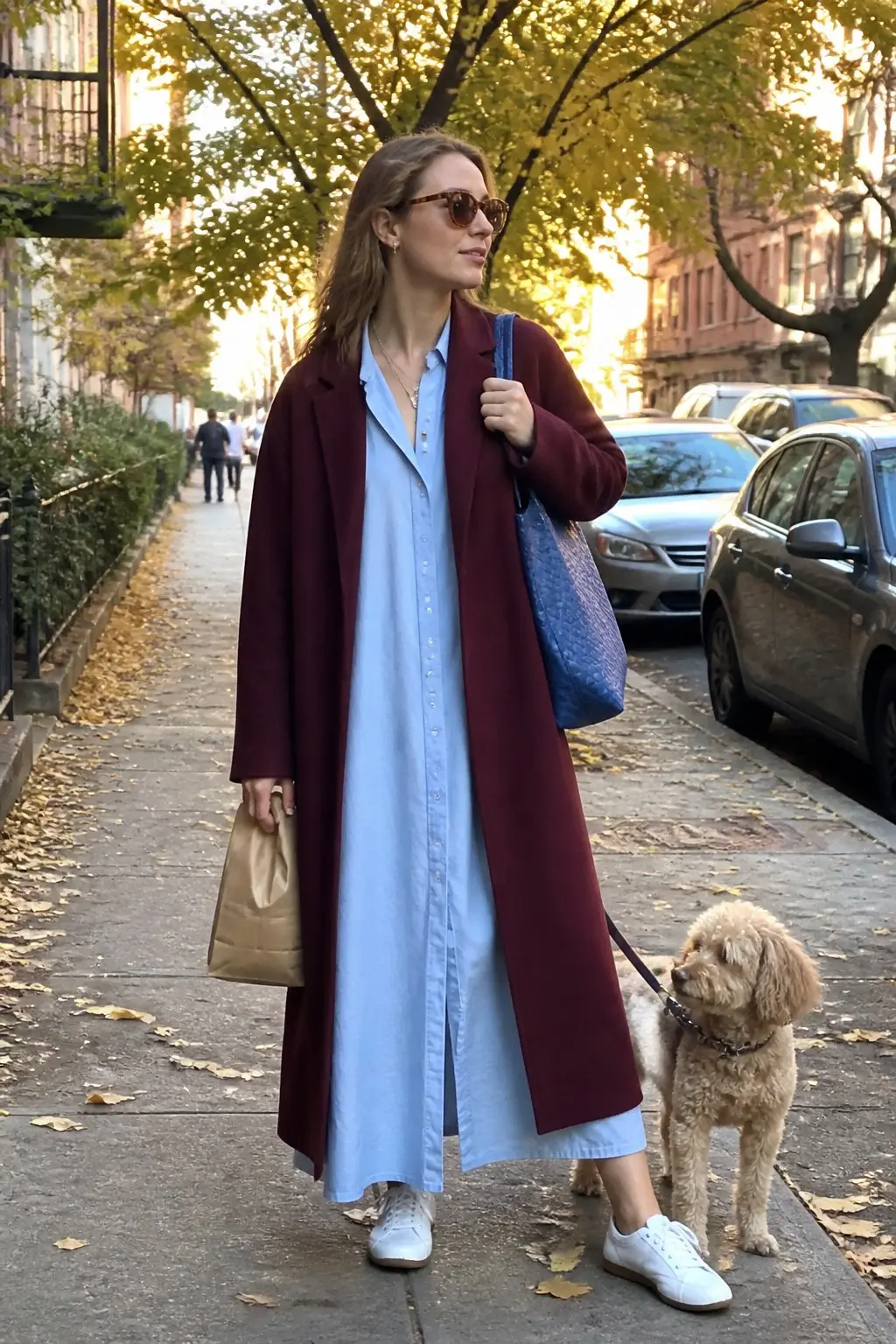 burgundy wool longline coat powder blue maxi shirt dress white leather sneakers blue patterned tote bag tortoiseshell sunglasses outfit 5