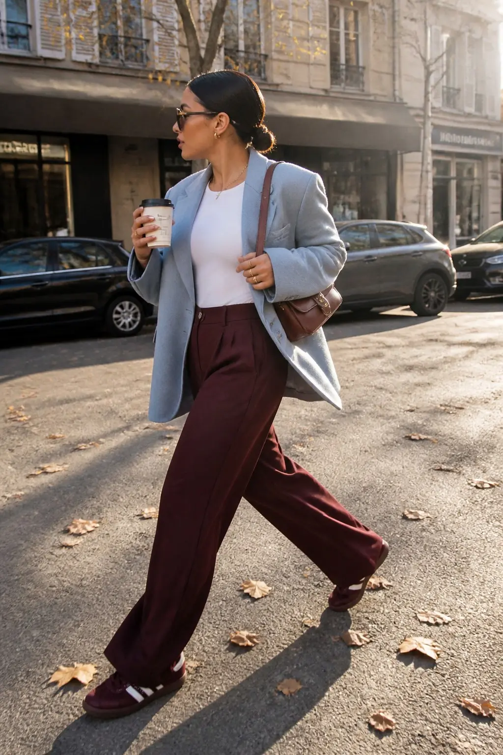 light blue oversized blazer white fitted tee burgundy wide leg pleated trousers burgundy retro sneakers burgundy shoulder bag gold hoop earrings sunglasses outfit 8
