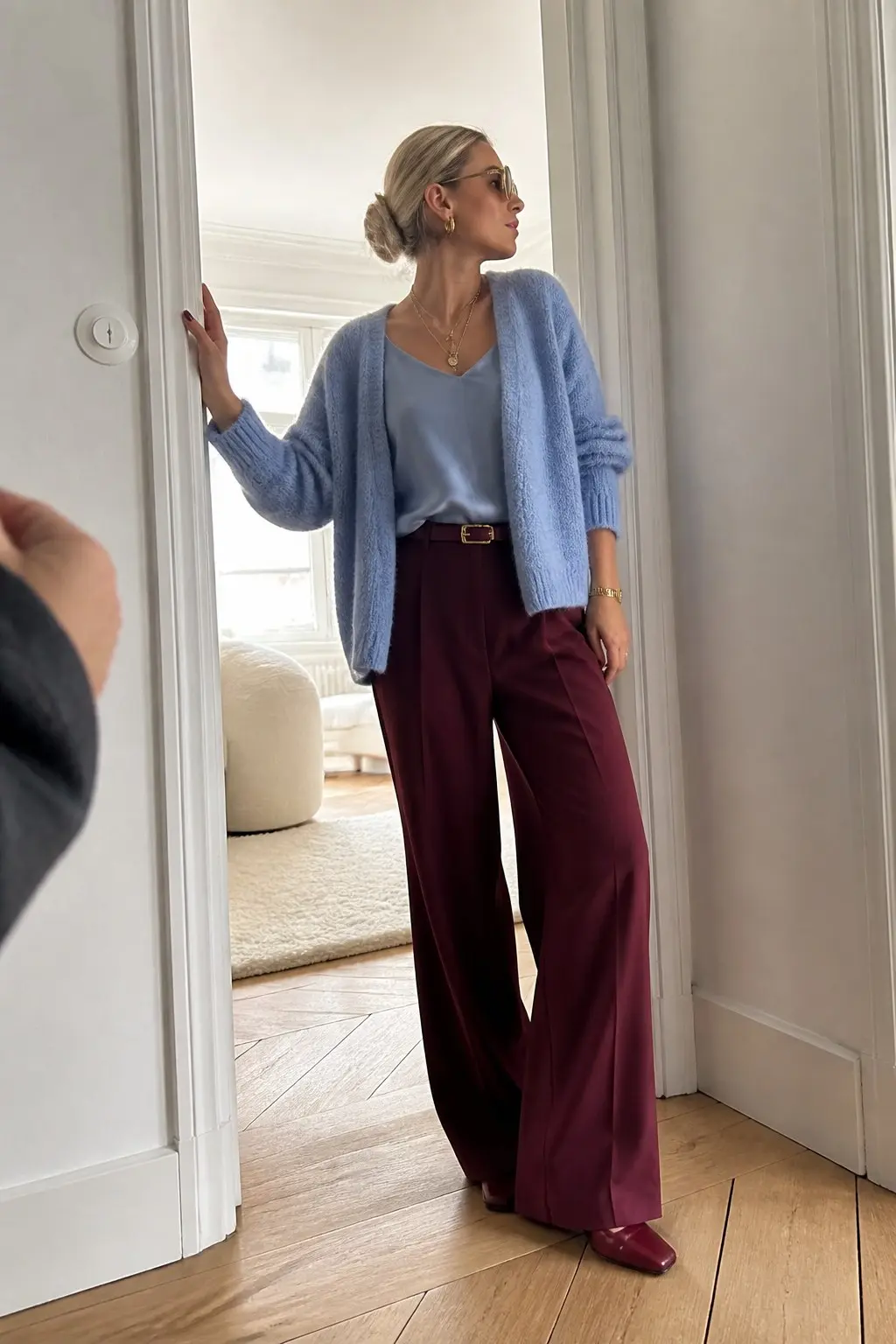 ice blue fluffy mohair cardigan ice blue cami burgundy wide leg trousers thin brown leather belt burgundy square toe flats layered gold necklaces outfit 11
