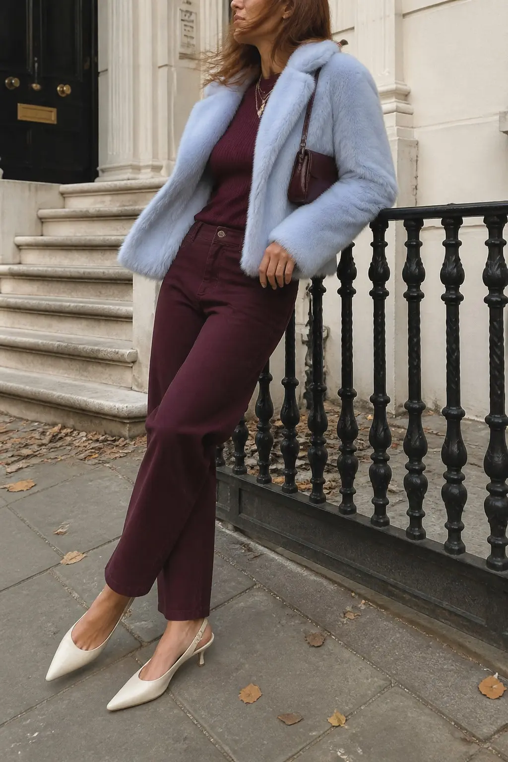 pale blue faux fur short jacket burgundy ribbed fitted long sleeve top burgundy straight leg jeans ivory slingback kitten heels small burgundy crossbody bag gold layered necklace outfit 12