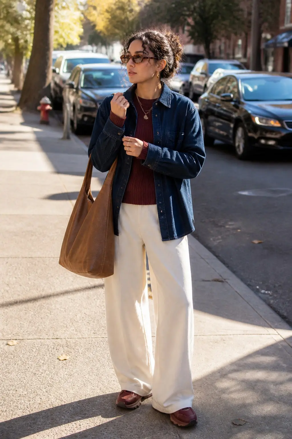 dark blue denim overshirt burgundy ribbed knit sweater cream wide leg trousers burgundy chunky sneakers tan leather hobo tote bag tortoise sunglasses outfit 13