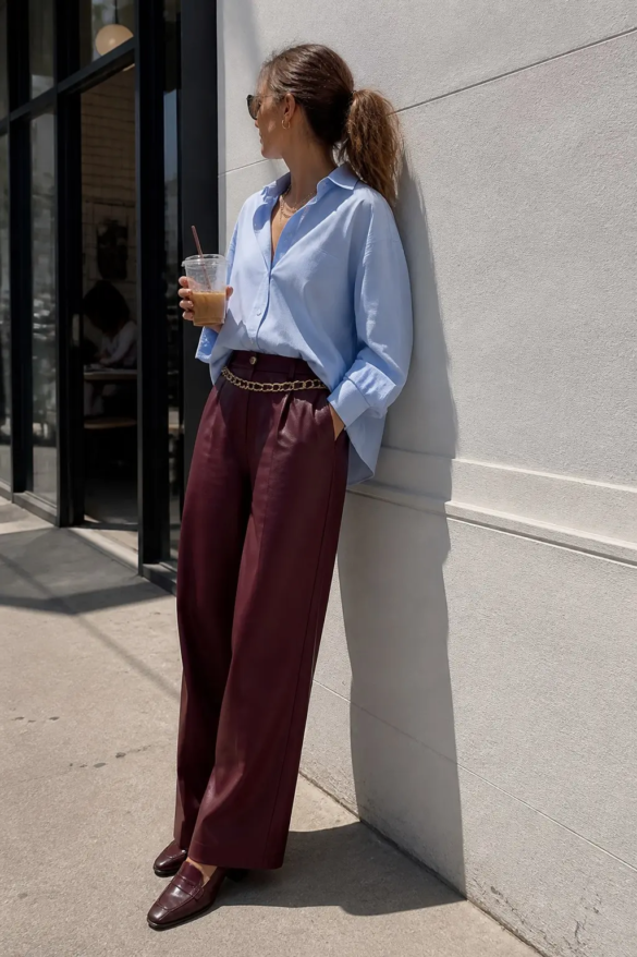baby blue oversized cotton shirt burgundy wide leg leather trousers gold chain belt at hips burgundy heeled loafers small gold hoop earrings outfit 16