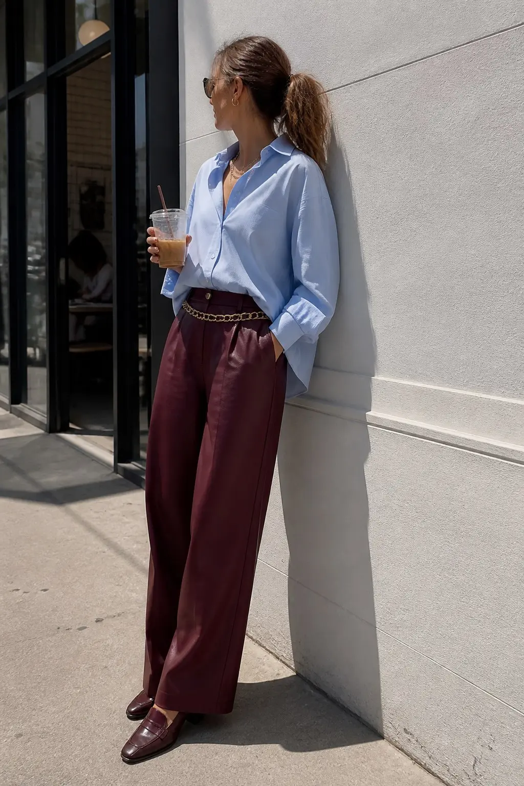 baby blue oversized cotton shirt burgundy wide leg leather trousers gold chain belt at hips burgundy heeled loafers small gold hoop earrings outfit 16
