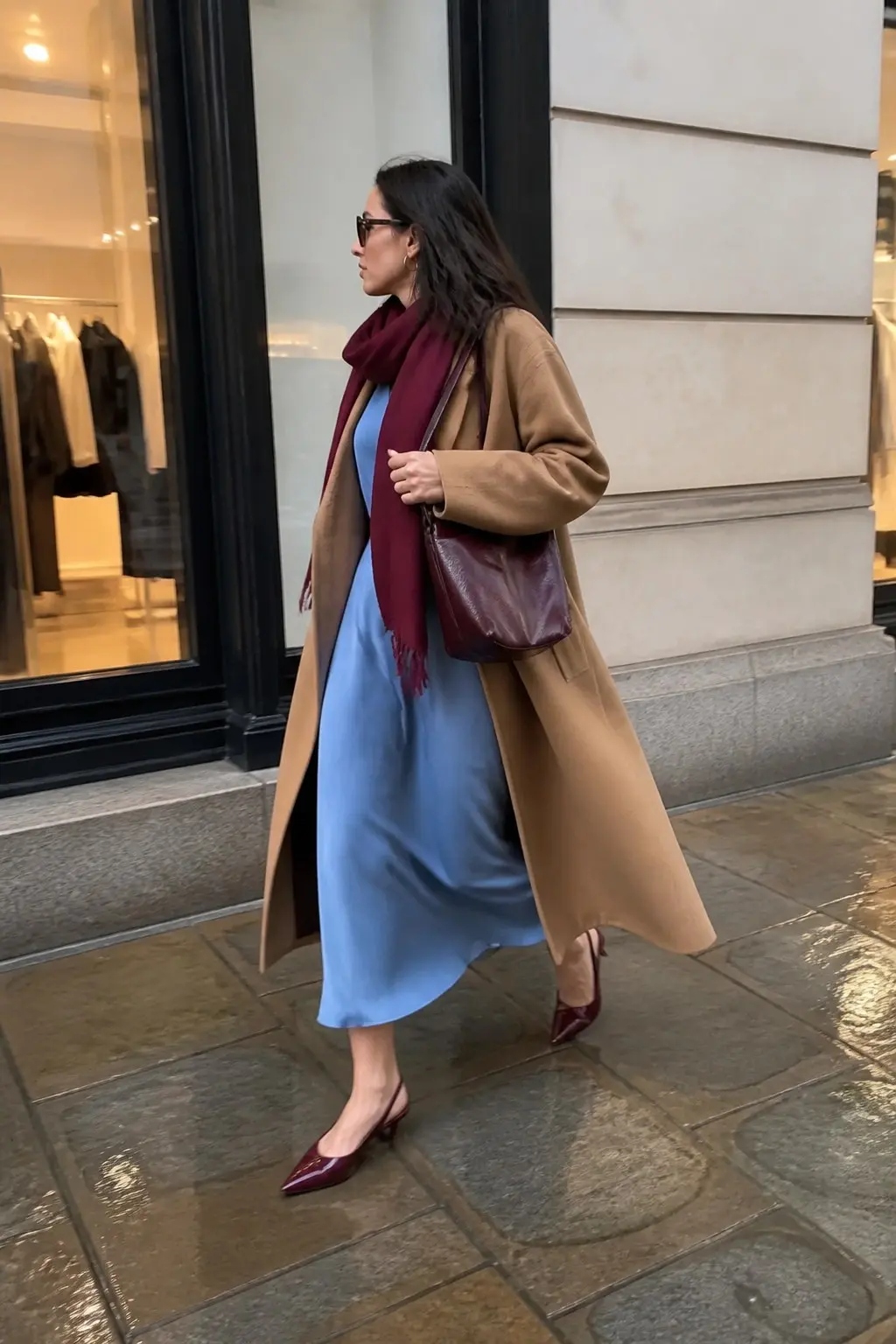 periwinkle blue fluid midi dress burgundy wool scarf camel longline coat burgundy shoulder bag burgundy pointed slingback heels sunglasses outfit 17