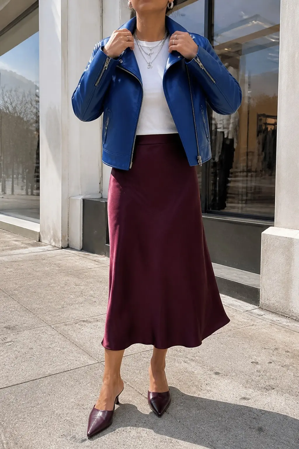 electric blue leather moto jacket white fitted tee burgundy satin midi skirt burgundy pointed kitten heel mules layered silver necklaces outfit 20