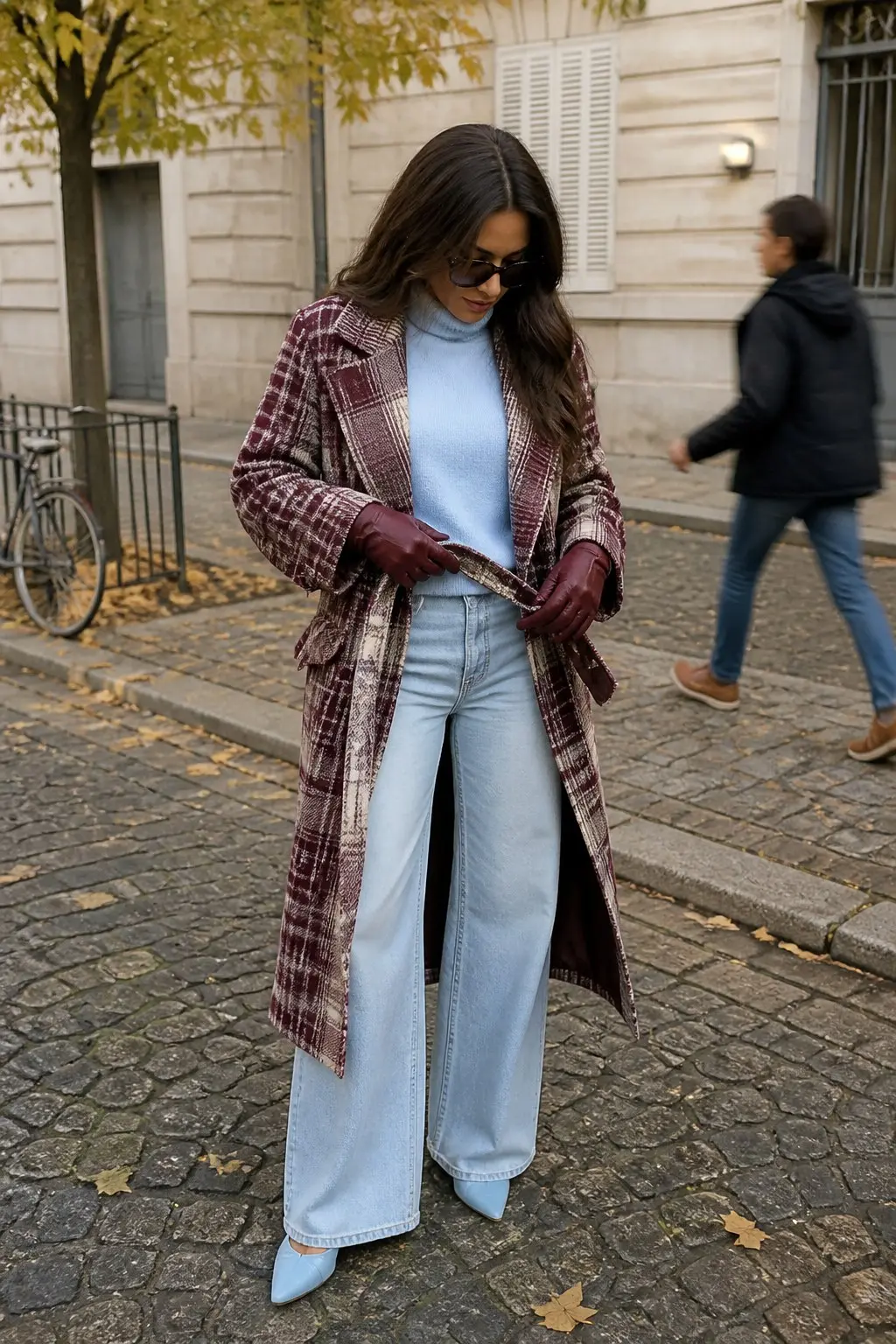burgundy cream plaid wool long coat powder blue turtleneck sweater light wash wide leg jeans burgundy leather gloves powder blue pointed toe flats outfit 26