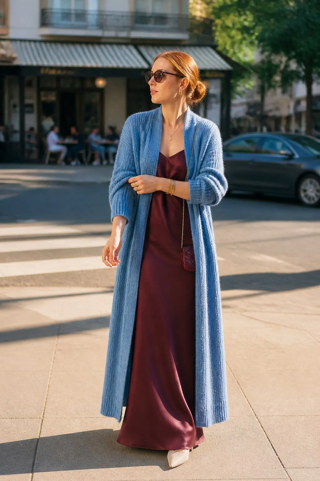 slate blue fluffy knit maxi cardigan burgundy satin slip maxi dress ivory pointed toe mules small burgundy chain crossbody bag gold stacked bracelets outfit 27