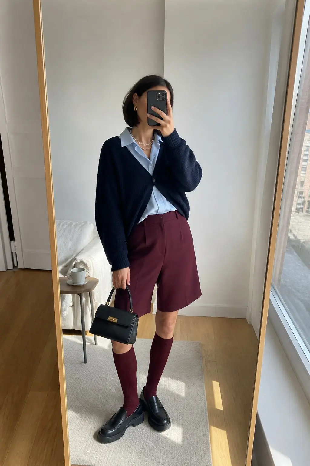 light blue button down shirt navy boxy knit cardigan over top burgundy tailored bermuda shorts burgundy knee high socks black chunky loafers small black leather top handle bag pearl necklace outfit 29