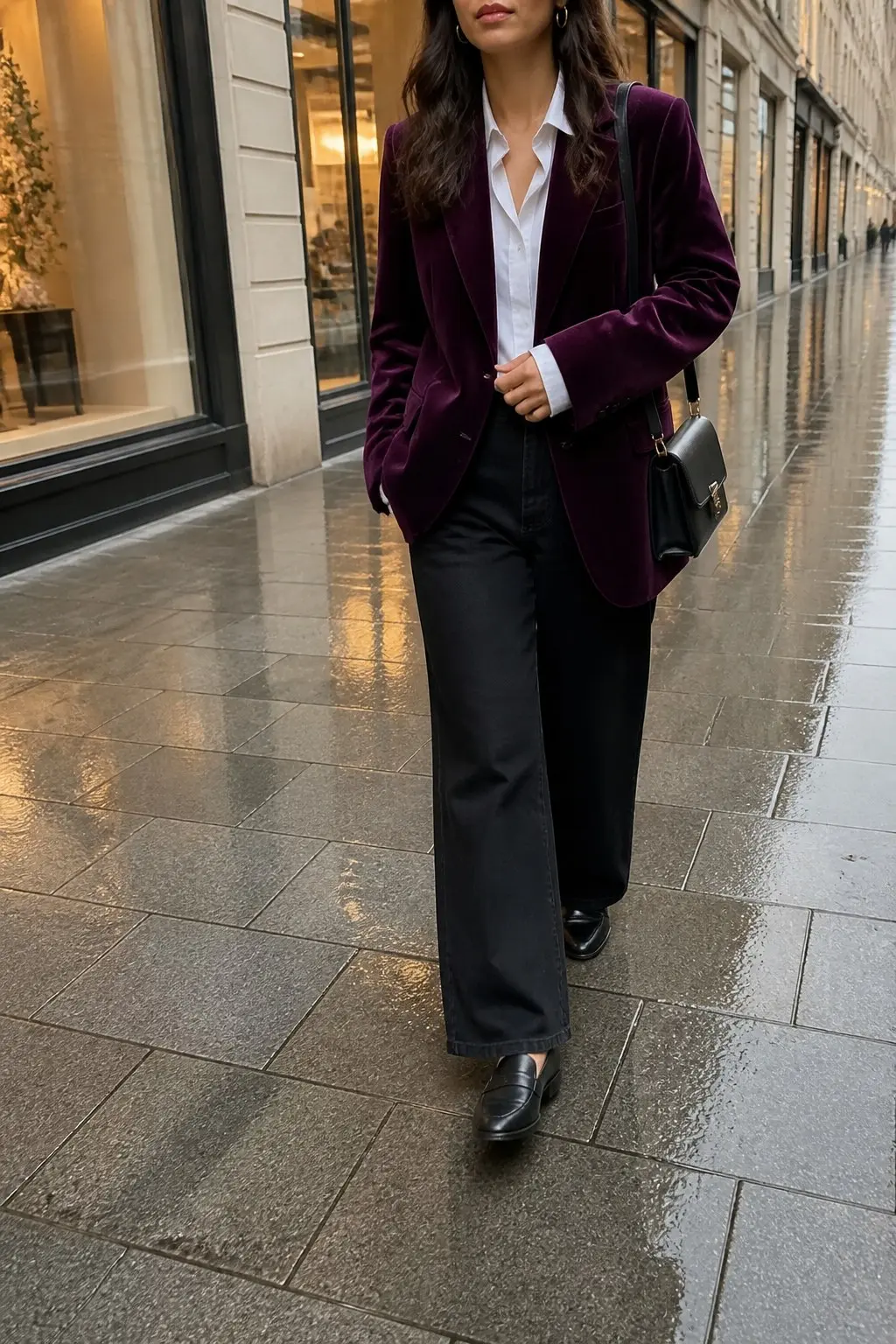 plum velvet blazer over white button-down shirt with black wide-leg jeans black penny loafers black structured top-handle bag and gold hoop earrings outfit 2