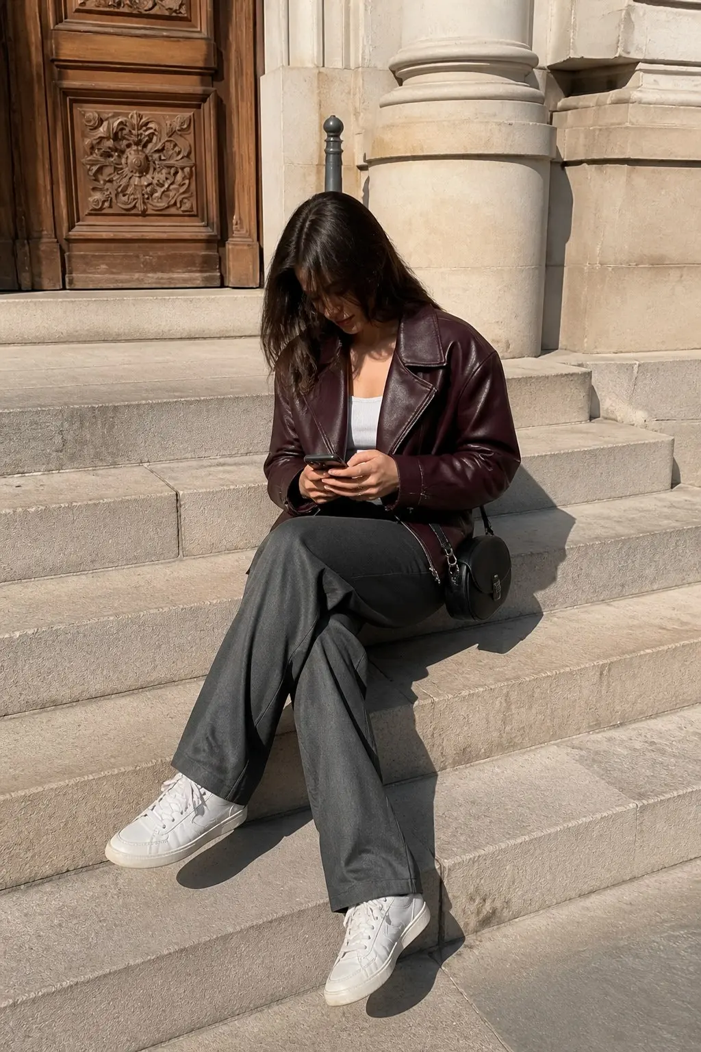 dark burgundy faux leather moto jacket over white tank top with grey wide-leg trousers white leather sneakers and small black round crossbody bag outfit 4