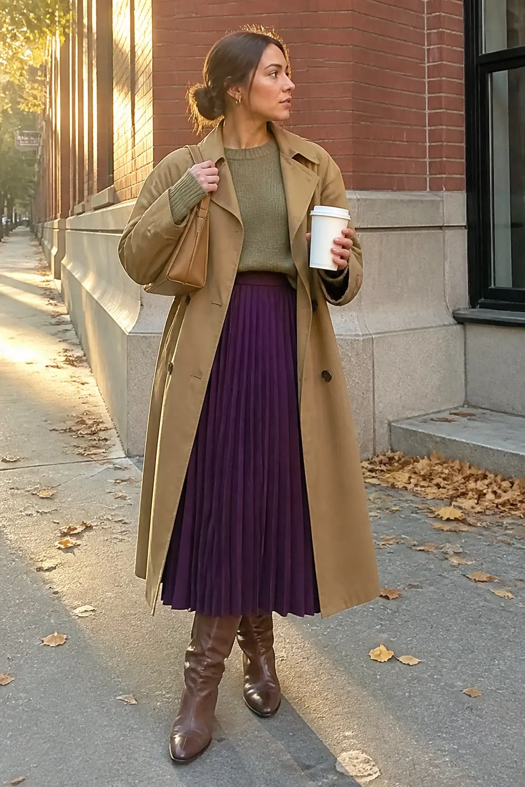 plum pleated midi skirt with olive green ribbed knit sweater camel double-breasted trench coat brown knee-high leather boots and tan tote bag outfit 5