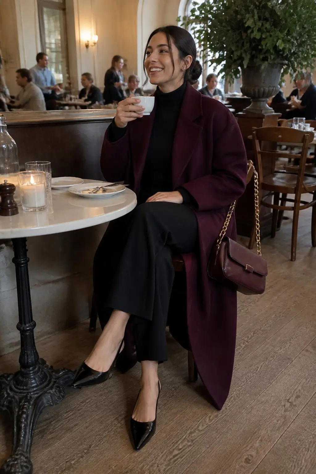 plum maxi wool coat over black turtleneck black wide leg trousers black patent pointed flats burgundy chain shoulder bag outfit 10