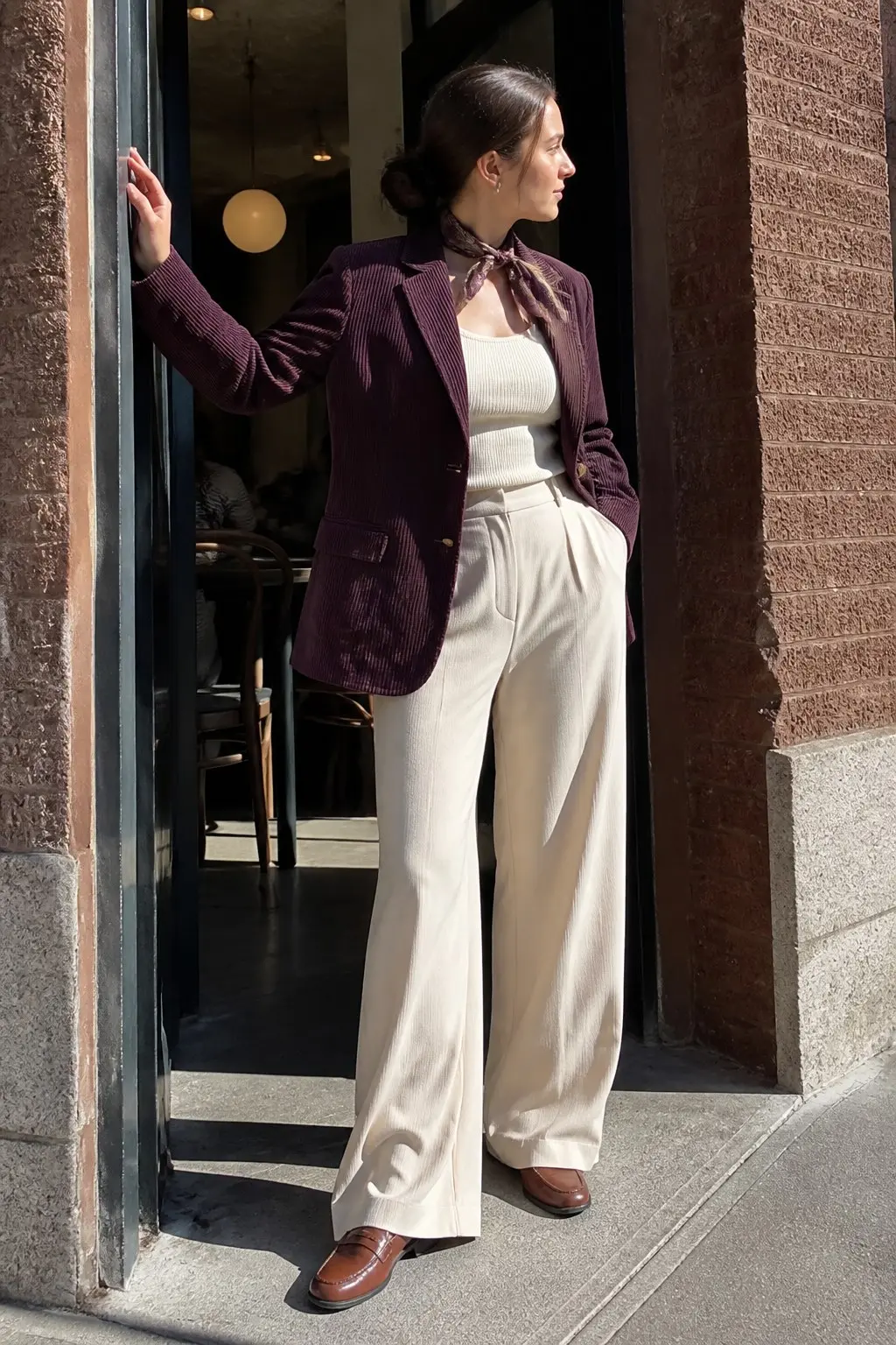 plum corduroy blazer over cream ribbed tank cream wide leg trousers tan leather loafers silk scarf tied at neck outfit 11
